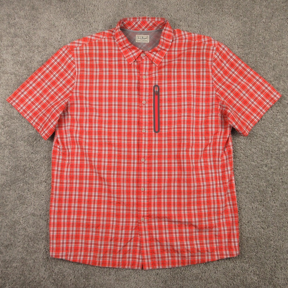 LL Bean Shirt Mens Large Orange Plaid Performance Outdoor Hiking Wick Button Up